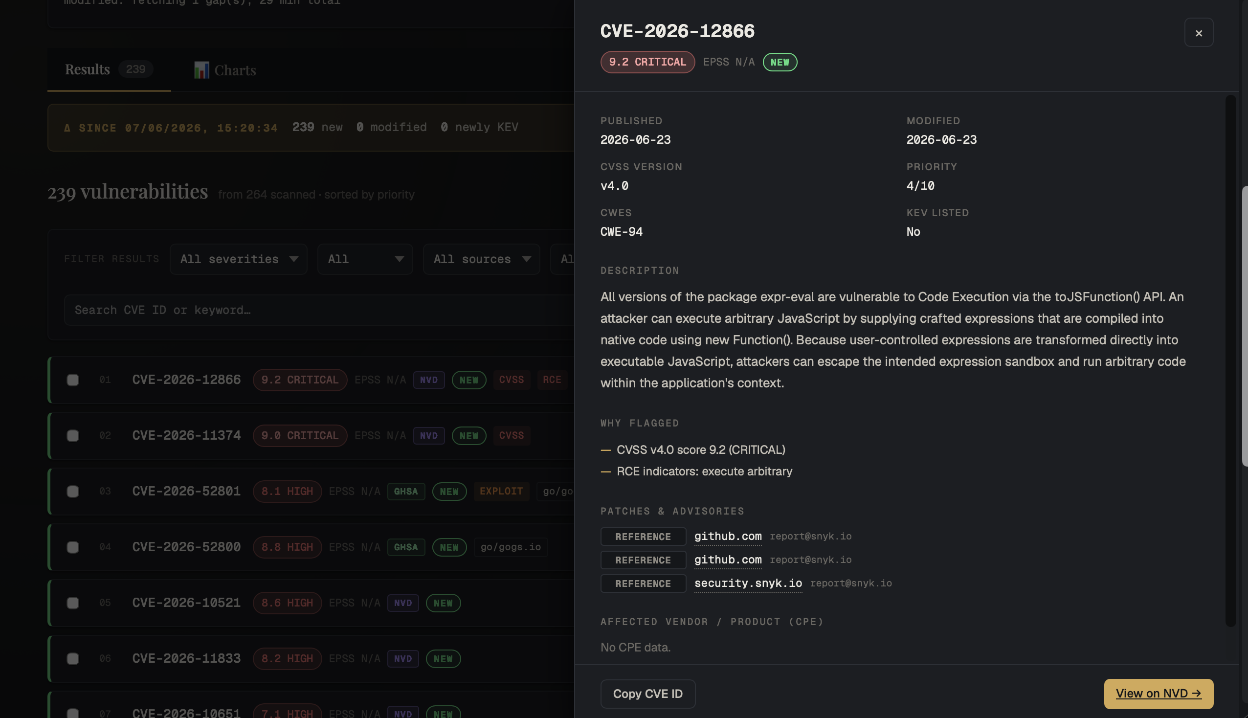 Results list with CVE detail drawer